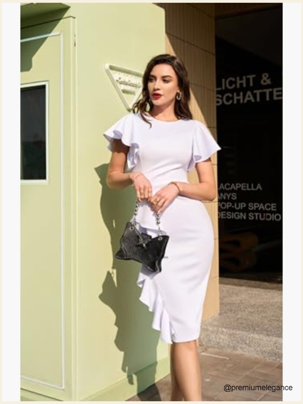 Vintage Church Ruffle Sleeve Ruched Bodycon Work Midi Pencil Dress - Picture 5 of 7